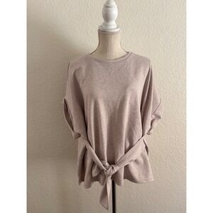 Express Tie Waist Top XL Mauve Heathered Knit Cuffed Short Sleeve Crewneck